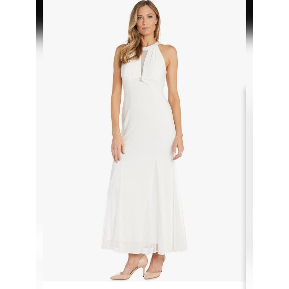NWOT Nightway Luna elegant White Halter-Style Evening Gown Center Jewel Sz 16W